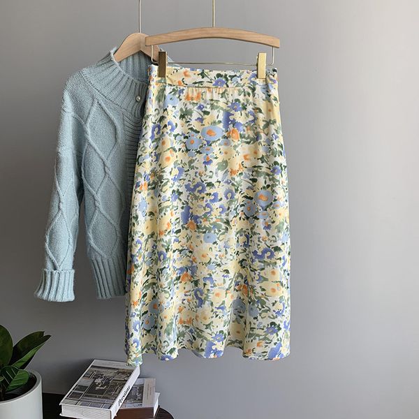 

new 2021 spring high waist floral print vintage a-line fashion boho women chiffon long skirt jupe femme saia iibm, Black