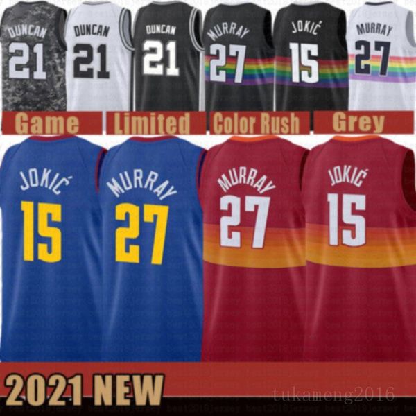 

2021 new jamal 27 murray basketball jersey nikola mens 15 jokic mesh demar 10 derozan retro derrick 4 white manu 20 ginobili purple, Black;red