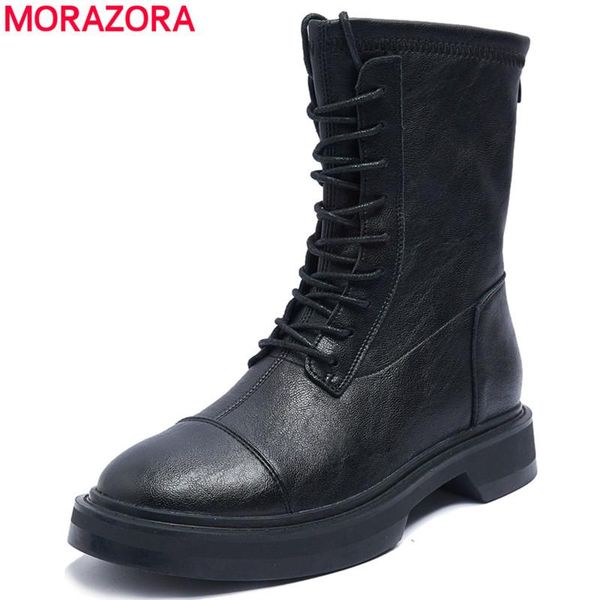 

boots morazora 2021 genuine leather women lace up square heel black spring autumn stretch ankle for female shoes