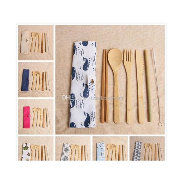 

7 pcs/set eco-friendly bamboo flatware cutlery set 20 style portable bamboo straw dinnerware set with cloth bag k jllmou sinabag