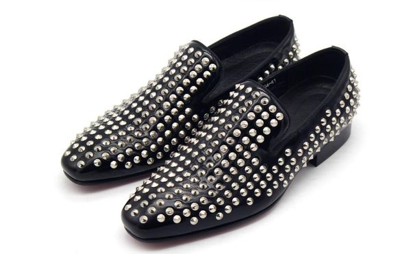 

men genuine leather full body handmade rivets classical slip on square toes dress shoes male spring autumn appointment loafers, Black