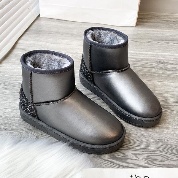 

waterproof genuine leather fur winter boots warm wool women boots classic snow women shoes lady ankle shoes platform, Black