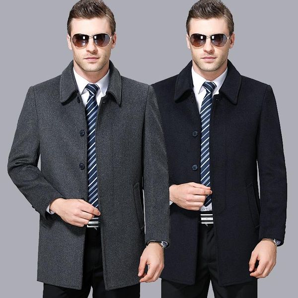 

2020 простой весной и осенью куртка среднего папа длинные шерстяные пальто мужской кнопка отворотом пальто, Black