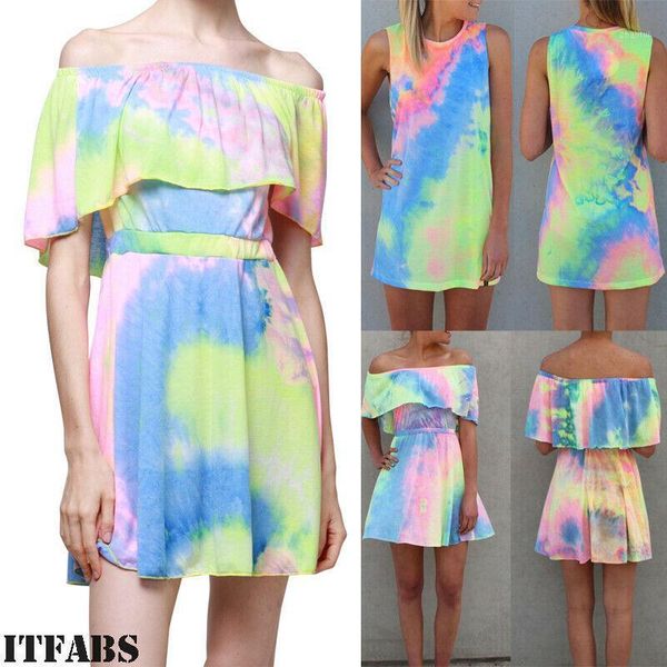 

2019 summer women sleeveless party dress rainbow tie dyeing printed beach sundress holiday sea mini vestidos1, Black;gray