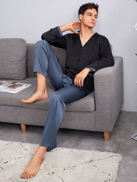 

men contrast trim satin pj set a2ui#, Black;brown