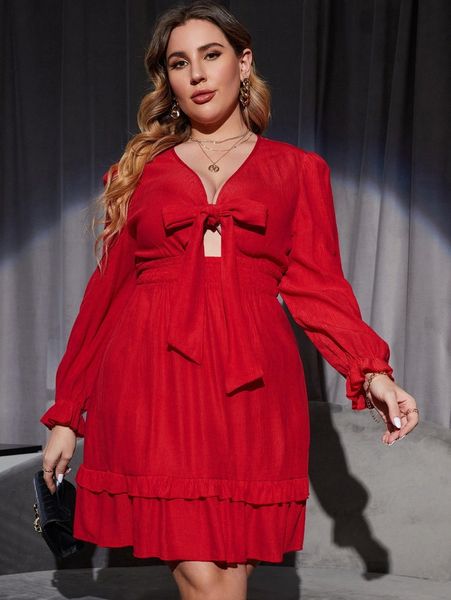 

plus flounce sleeve knot front shirred waist ruffle hem dress i9or#, Black