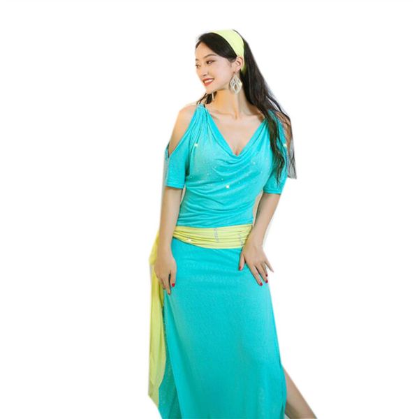 

baladi shaabi costume women 4 piece belly dance robe loose skirt with hair band hip scarf contrast color classic team dance wear, Black;red