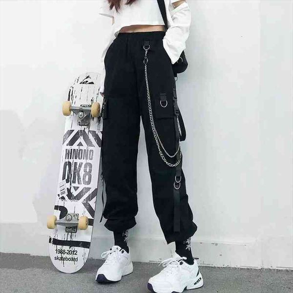 

gothic women cargo pants harajuku womens pants punk chain harem trousers female hip hop mall goth streetwear techwear, Black;white