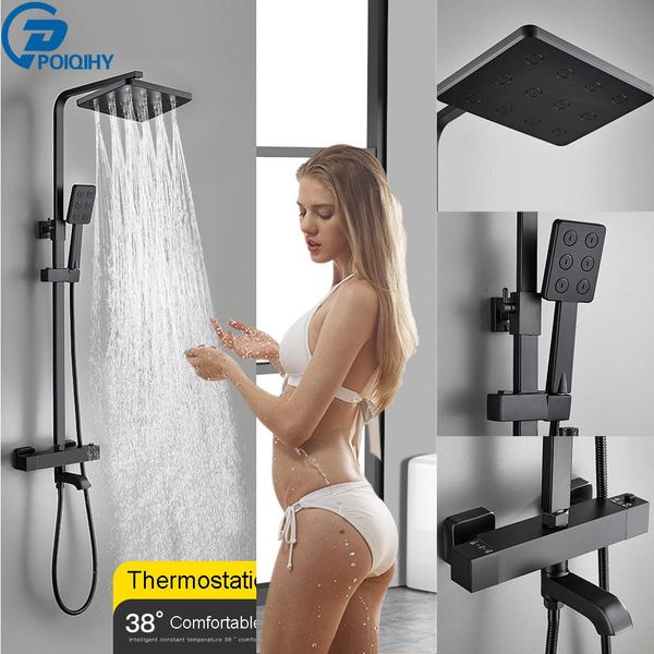 

термостатический душ набор смеситель матовый черный осадков ванна душ смесители в ванной стена душевая колонна вращающийся носик bbyhws