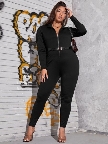 

plus zip front jumpsuit without belt m7mw#, Black