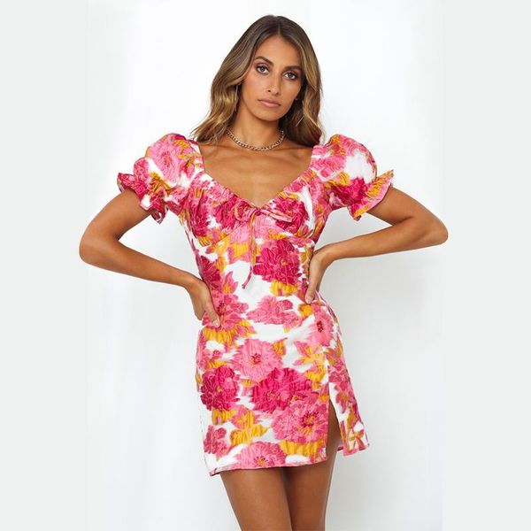 

casual dresses women mini beach summer puff sleeve dress v-neck floral party elegant fashion tunic sundress1, Black;gray