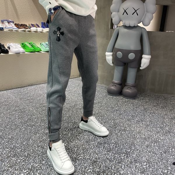 

chao brand ch croxin thickened casual men's waffle sport pants slim elastic feet, Black