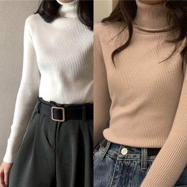 

осень топ 2020 новый корейский стиль тонкий подходит высокий воротник длинный рукав рубашки тонкий базовый европейский top свитер свитер мод, White;black