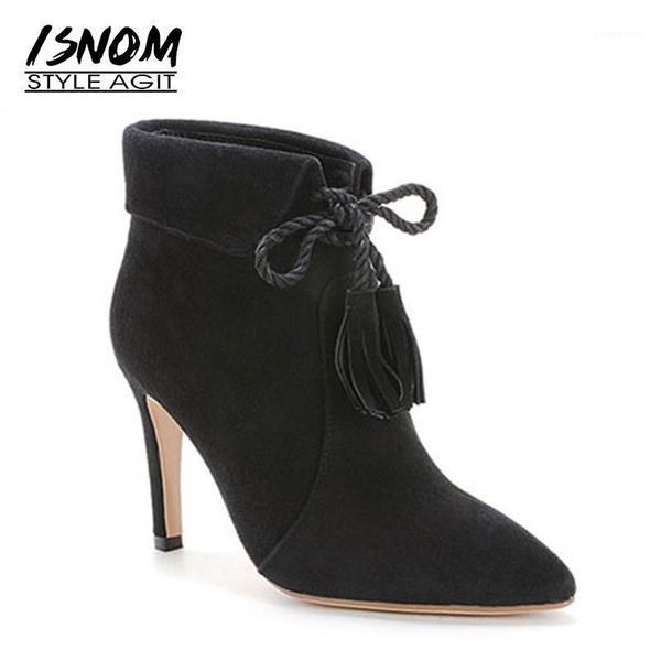 

boots isnom stiletto heels women autumn tassel kid suede bootie pointed toe lady shoes cross tied thin high footwear1, Black