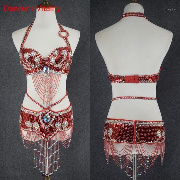 

fashion women's sequins beaded belly dance costume wear bra+belt 2pcs set ladies bellydancing performance clothing1, Black;red