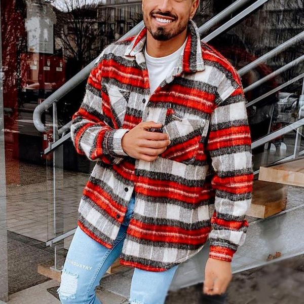 

men's jackets 2021 spring fashion red plaid lapel casual loose jacket coat male homme buttoned long sleeve clothes streetwear youth, Black;brown