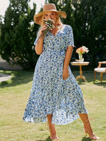

simplee plus floral print surplice neck knot ruffle hem dress g3fr#, Black