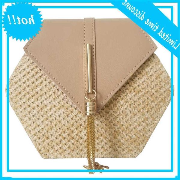 

vip hexagon mulit style stroh + leather handbag women summer rotan handmade tissues beach circle drilling shoulder bag
