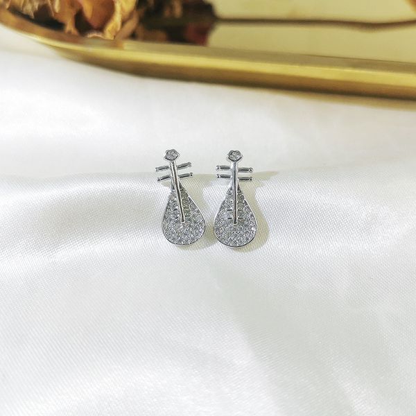 

chinese fashion accessories s925 sterling silver pipa stud earrings womens full diamond trendy musical instrument violin earrings special-in, Golden