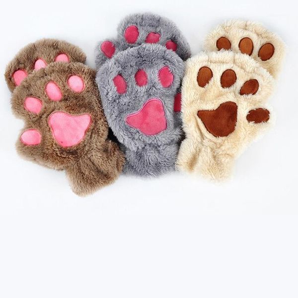 

2020 autumn and winter korean cat' gloves ladies new half fingerless plus velvet embroidery bear warm gloves women1, Blue;gray