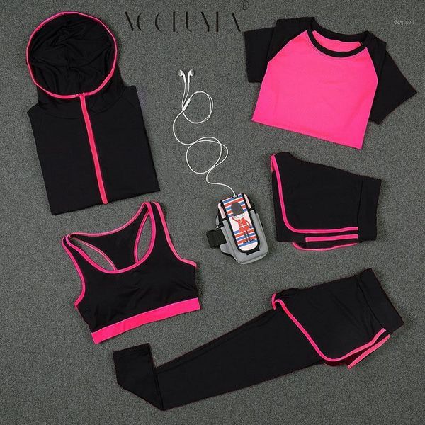 

running sets voobuyla women sports yoga leggings shirts shorts vest bra jackets hood tights clothes fitness jogging suit 5pcs1, Black;blue