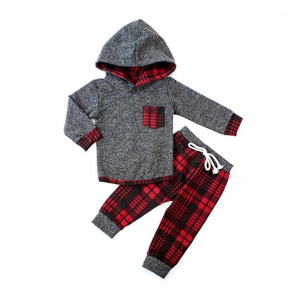 

toddler boy winter kids clothes set red plaid hoodie pants tracksuits children clothing christmas for boys outfits suit1, White