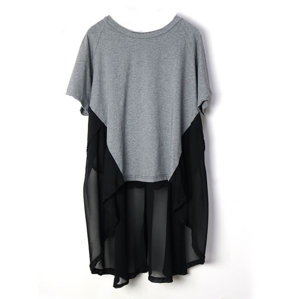 

fashion front long short back women's stitching chiffon irregular hem elegant t-shirt 200423, Black;gray