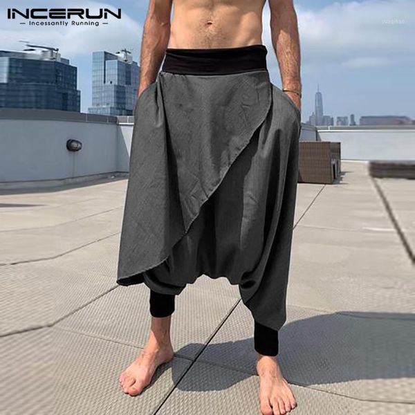 

men drop crotch pants elastic waist joggers pockets trousers mens patchwork streetwear baggy irregular harem pants incerun s-5xl1, Black