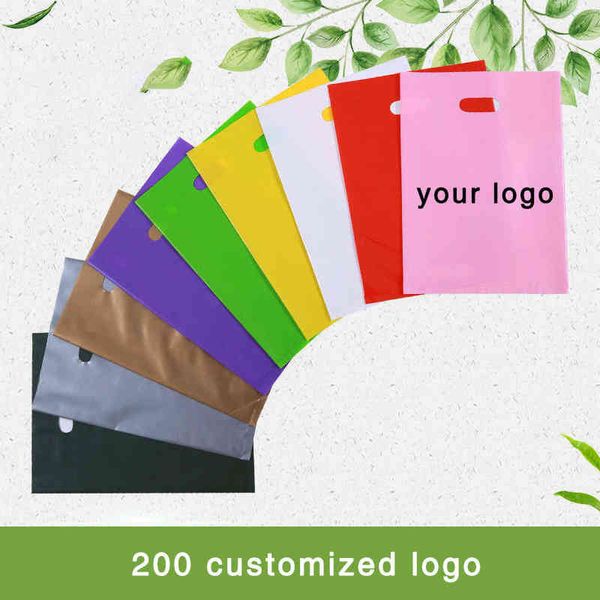 200 pcs personalizado saco de compras saco de plástico / de presente de embalagem de plástico para vestuário / impresso saco de promoção H1231