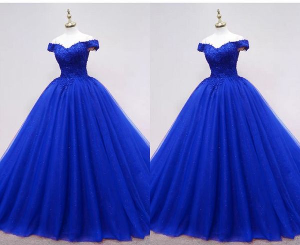 

bling sequined tulle ball gown prom dresses off the shoulder royal blue applique floor length quinceanera party evening formal dress, Black