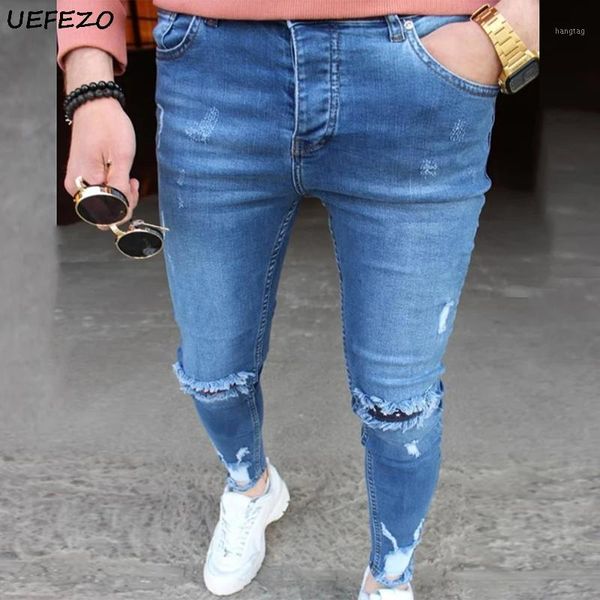 

uefezo men denim pants summer hole biker jeans men stretchy skinny destroyed slim fit jeans ripped denim pencil pants1, Blue