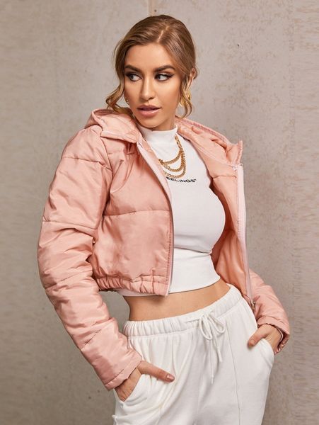 

zip up hooded crop puffer coat w9xh#, Black