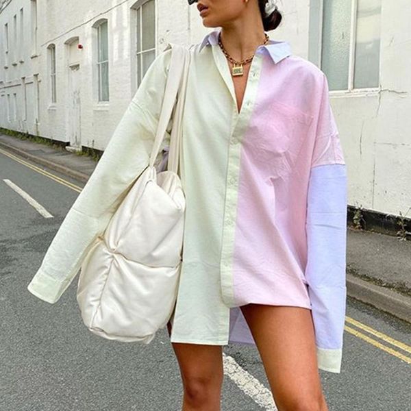 

y2k colorblock patchwork blouse dress women casual long sleeve blouses fashion loose turn down collar shirt dress streetwear1, White