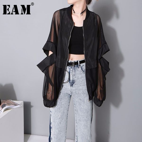 

[eam] 2020 new autumn winter stand collar long sleeve black thin hollow loose big size perspective jacket women coat fashion jf7 y200101, Black;brown