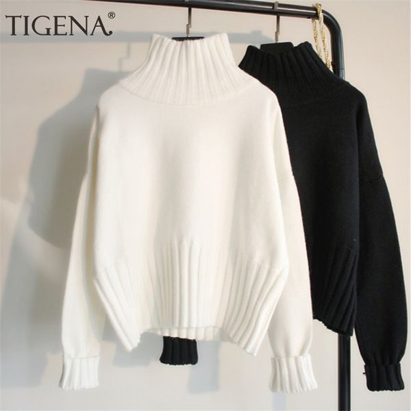 TIGENA Mode Design Rollkragenpullover Frauen Jumper Winter Lose Langarm Gestrickte Pullover Pullover Weibliche Schwarz Weiß 201221