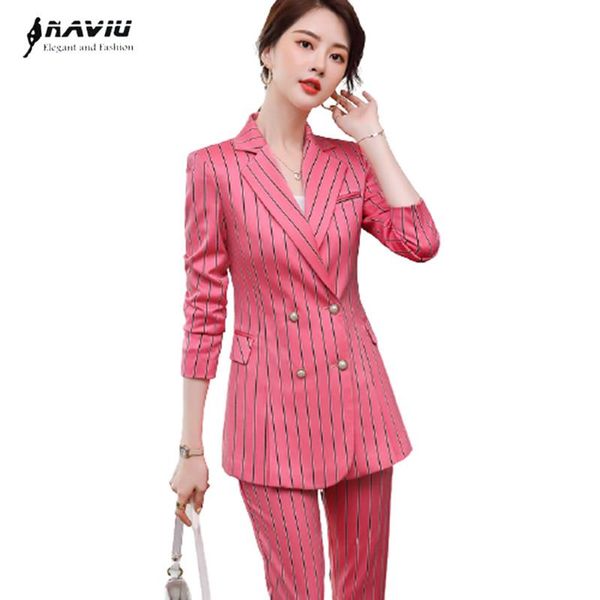 

pink stripe pants suits womne fashion temperament winter high end long sleeve slim blazer sets office ladies foraml work wear, White