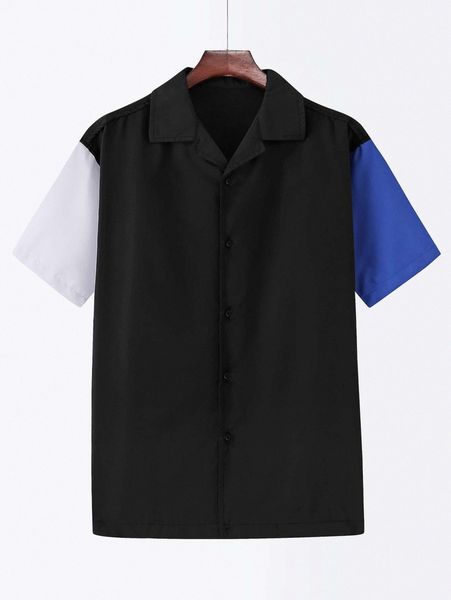 

men colorblock button through shirt 85v7#, White;black