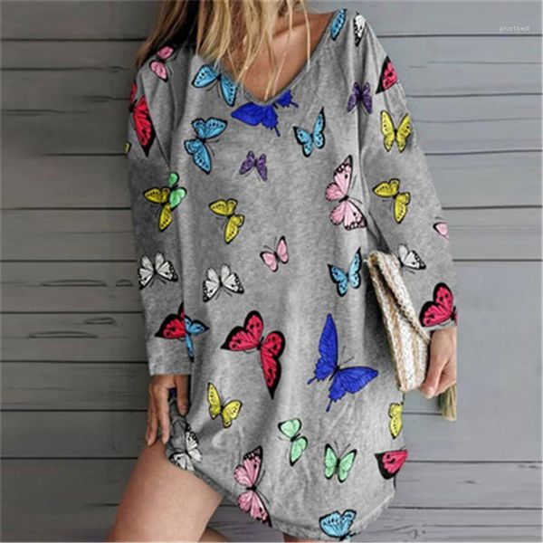 

occident new loose v-neck long sleeve dresses designer ladies casual thin dress women butterfly print dress summer fashion, Black;gray