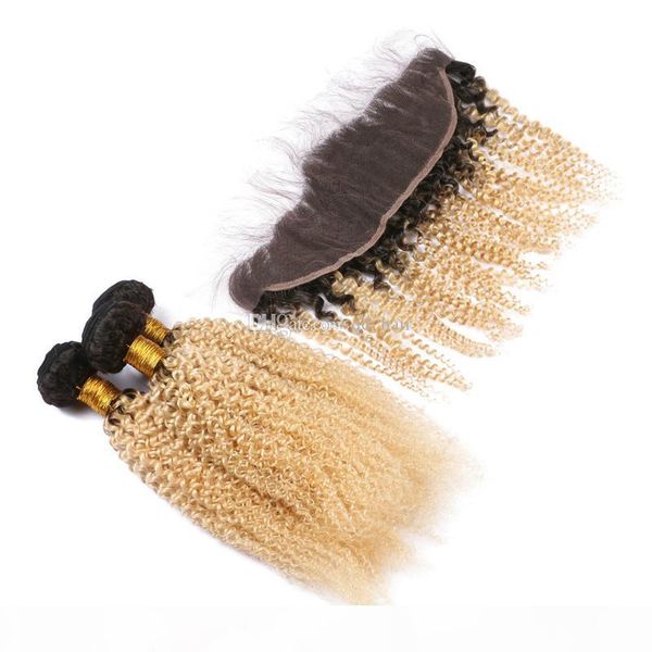

dark root kinky curly virgin hair weaves with lace frontal ombre blonde #1b 613 afro curly hair bundles with frontal closure 13x4, Black;brown