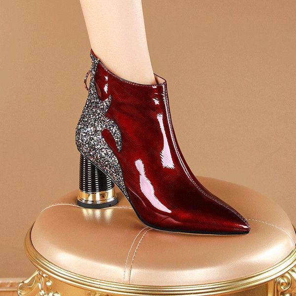 

women's high heel short boots autumn / winter 2021 new fashion nude plush leather pointed thick heel patent leather boots, Black