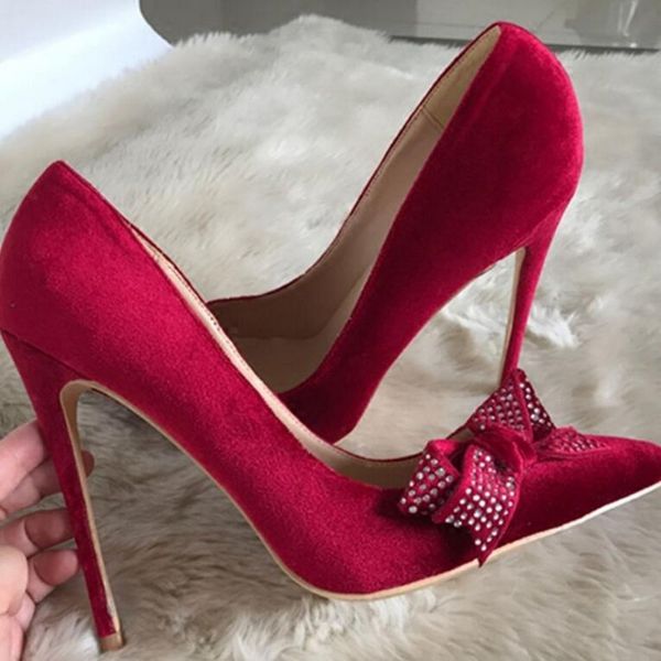 Neue rote Wildleder-High-Heel-Schuhe für Damen, modische Fliege mit Diamant-Stiletto-Party-Hochzeitsschuhen mit Strasssteinen für Damen, 12 cm, 10 cm, 8 cm, Kleidstiefel