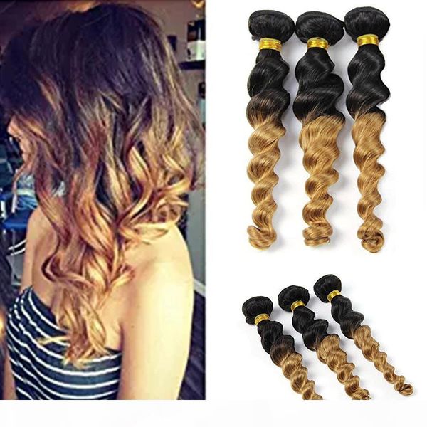 

8a ombre brazilian loose wave 3 bundles virgin remy human hair weave 1b 27 ombre curly wave 2 tone color human hair extensions, Black;brown