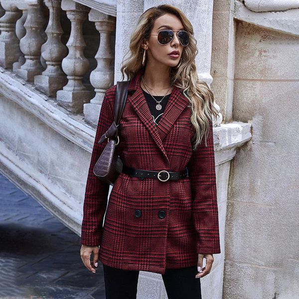 

red plaid collar double breasted elegant blazer women jacket 2020 autumn new casual fashion office lady jackets women, White;black