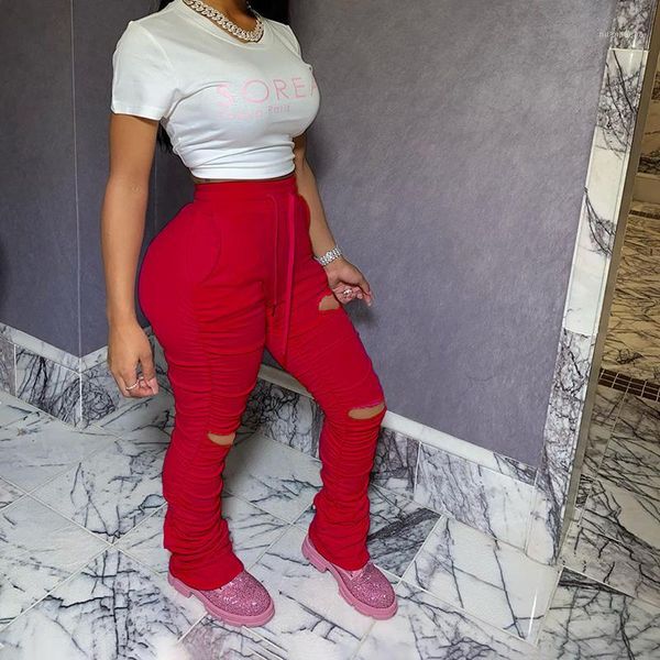 

2020 summer elastic hole stacked leggings high waist sweatpants women joggers bell bottom trouser split hem flare ruched pant1, Black;white