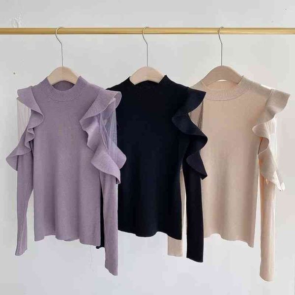 

women's hoodies & sweatshirts elegant chic ruffles patchwork flying sleeve slim fit pullovers o neck voile knit sweater women spring 20, Black