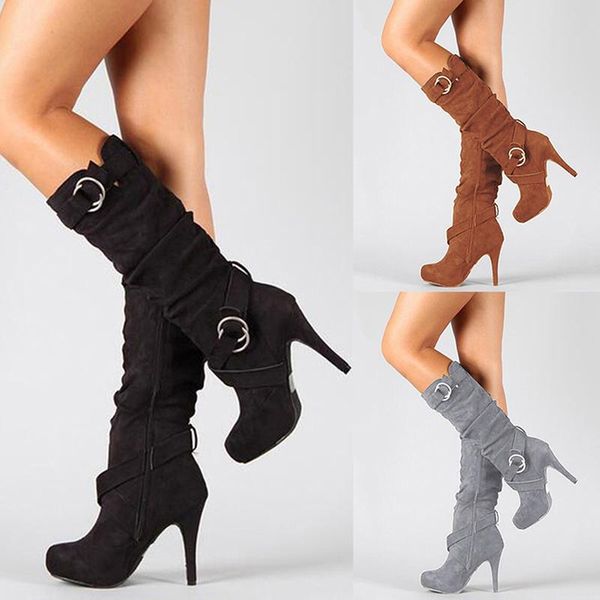 

2020 knee high women boots thin high heel round toe platform fashion ladies pu leather boots size 34-43 lady shoes, Black