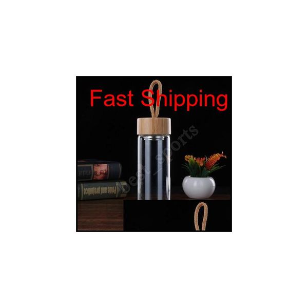 

380ml 450ml man woman glass tea cups monolayer transparent with ropes water bottle bamboo lids qyldqq alice_bag