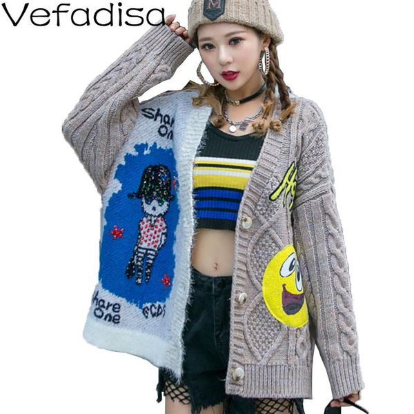 

vefadisa sequin cardigan sweater cartoon print women sweater 2020 autumn v-neck outdoor knitted light gray qyf4109, White