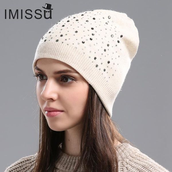 

beanie/skull caps imissu autumn winter beanie hat women's knitted wool skullies with crystal casual cap solid color hats for women, Blue;gray