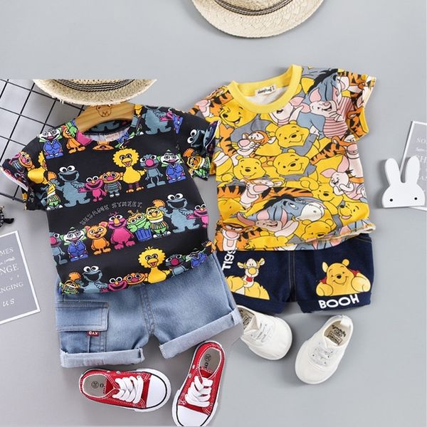 

80-120cmcotton kids boys clothes children clothing sets summer baby boy clothes cute cartoon children's sets t-shirt denim pants y20080, White
